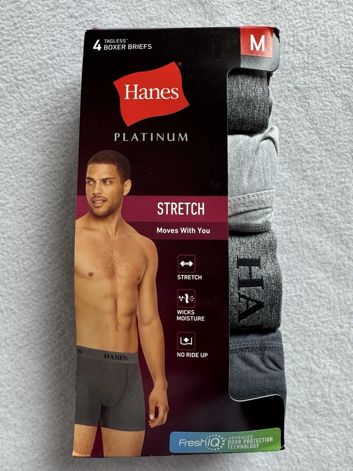 Paquete de 4 calzoncillos boxer Hanes Platinum elásticos con etiquetas sin etiquetas MEDIANOS 32-34” negros grises NUEVO Foto 4 de 4