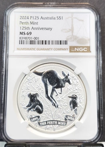 2024 AUSTRALIA SILVER 1 DOLLAR PERTH MINT 125TH ANNIVERSARY NGC MS 69 GEM BEAUTY