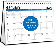 Dunwell 8x6" Small Standing Desk Calendar 2025-2026 (Blue), Compact Size for