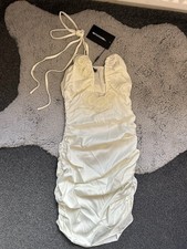 white faux satin pretty little thing 3d corsage ruched bandeau mini dress NWT