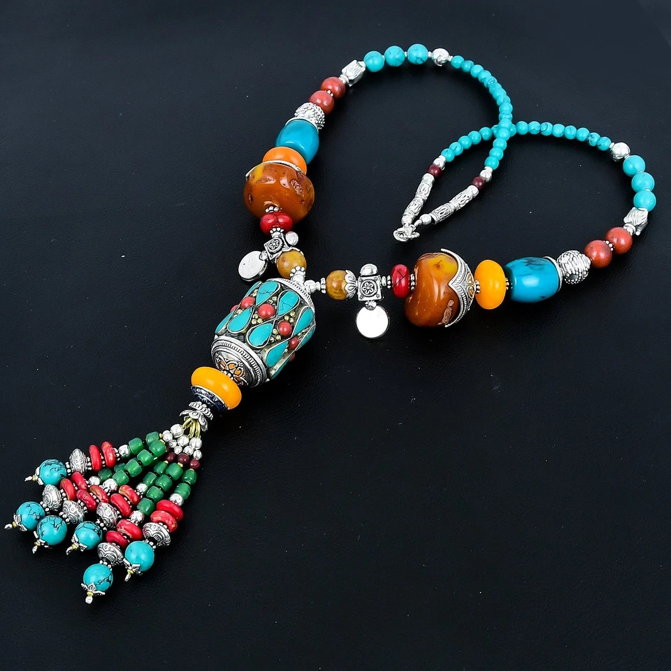 Collana di perle in argento sterling 925 etnico boemo corallo ambra... - Immagine 3 di 4