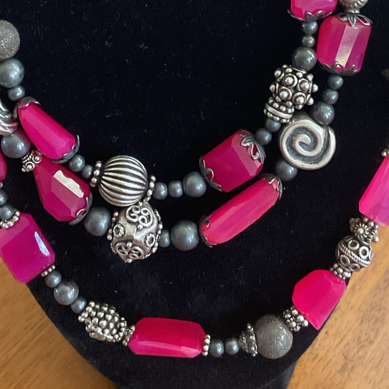 Vintage Lab Ruby Three Strand Statement Necklace - image 3