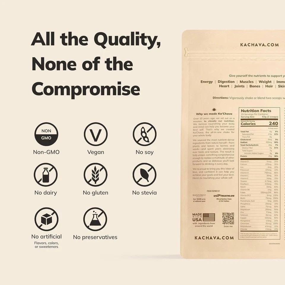 Batido de comida para todo el cuerpo Ka’Chava vainilla 2 lb proteína vegana en polvo, 15 porciones Foto 3 de 4