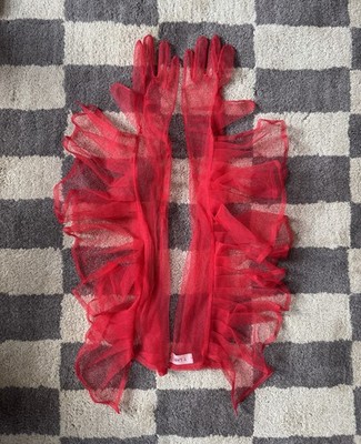 T Label Tulle Ruffle ''RAY Red'' Opera Gloves Unworn Designer *read description*