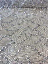 Silver Sequin Embroidered Fabric   Luxury Mesh Lace Material for Dresses Gowns