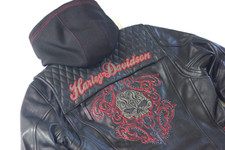 Harley-davidson Women Scroll Skull Black Leather Jacket 3in1 Hoodie L 98104-16vw
