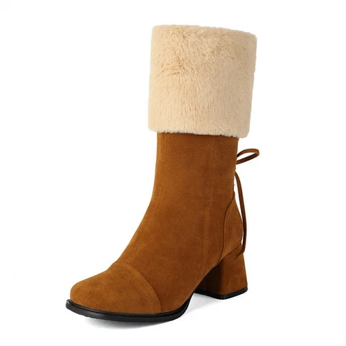 Damen-Schneestiefel Blockabsatz Kunstfell runde Spitze seitlicher Reißverschluss warm modische Schuhe - Bild 15 von 19