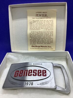 1978 Genesee Beer belt buckle Pewter Vtg., 3,000,000 Barrels ,Old Forge Metals