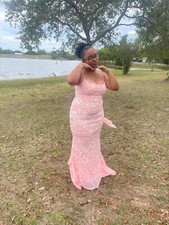 pink sequined gown dress | cocktail or wedding guest dress | spaghetti strap