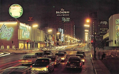 SUNSET & VINE Street Scene HOLLYWOOD Night Neon Signs c1950s Vintage Postcard