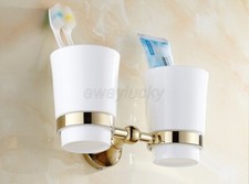 Wall Mount Bathroom Toothbrush Holder w/ Two Ceramic Cups Golden Polished