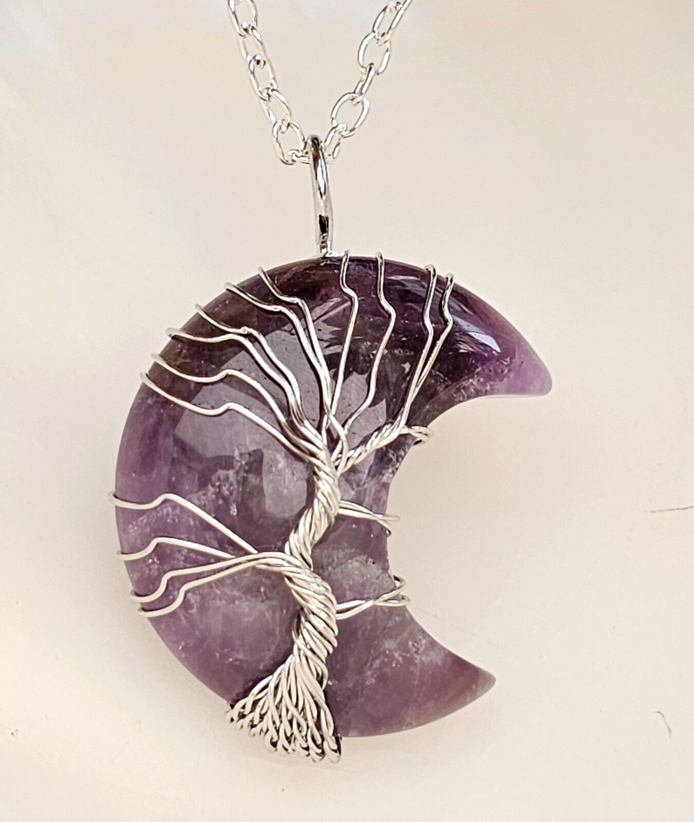 Tree of life Amethyst Moon Pendant 20"" Necklace Crescent Wire Wrapped Jewellery