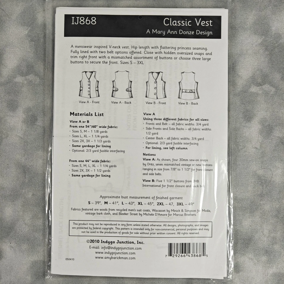 Indygo Junction Classic Vest Pattern IJ868 🧵 Sizes S-3XL Sewing Craft - Image 2 of 2
