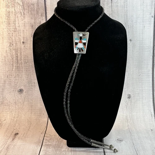 Vintage ZUNI Thunderbird Bird Inlay Sterling Silver Bolo Tie 