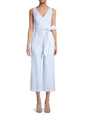 Saks Fifth Avenue Women's Dark Blue Linen Stripe Jumpsuit Belted Size XS Nice!