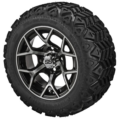 (4) Golf Cart 20x10-12 Black Trail A/T Tires on 12x7 Black/Machined Ninja Wheels