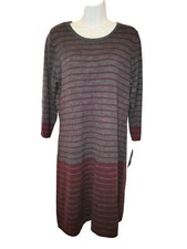 Sweater Dress Women's XL AB Studio Grey/Maroon Striped 3/4 Sleeve Round Neck NWT