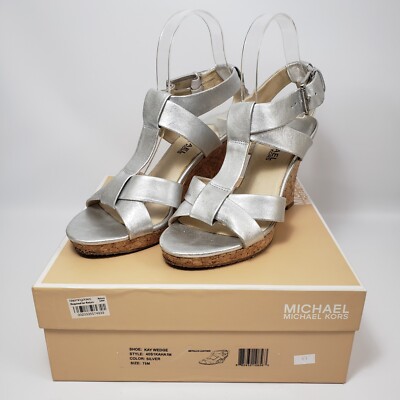 Michael Kors Silver Metallic Key Ankle Strap Buckle Wedge Sandal
