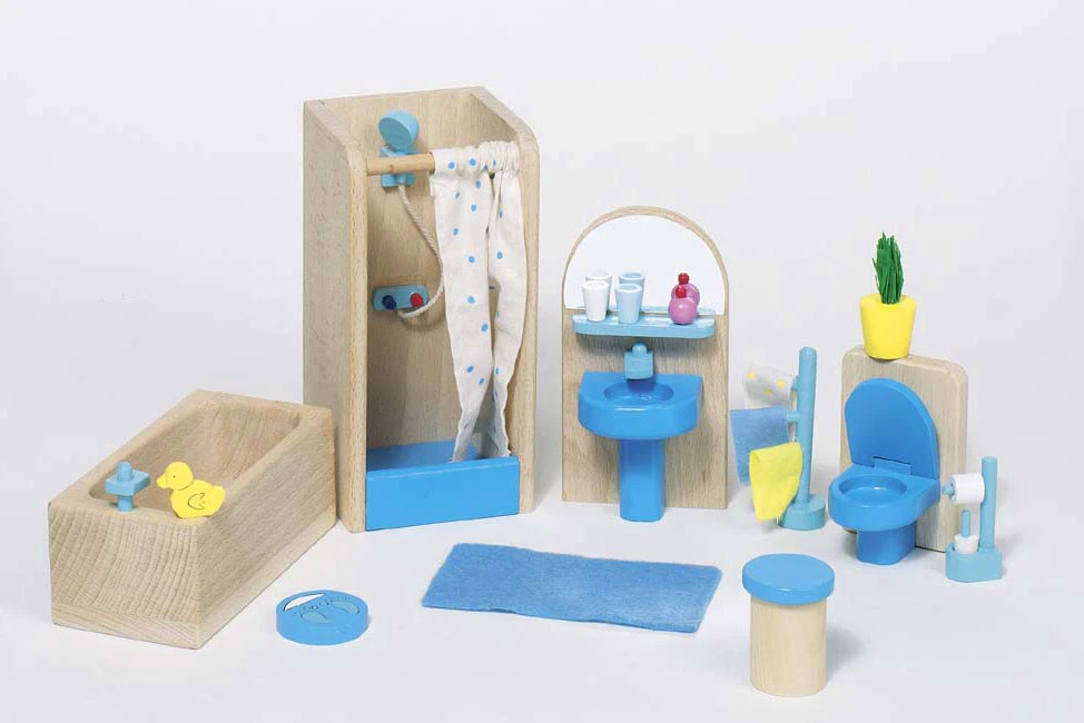 Goki 51959 Badezimmer – 7-teiliges Puppenhausmöbel-Set Aus Holz, Für Kreatives Rollenspiel
