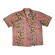 KY'S Hawaiian Aloha Camp Shirt Mens Large Pink Floral Hibiscus Beach Made In USA