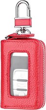 Genuine Leather Car Key Fob Case with Metal Hook Transparent Wind Color: Red