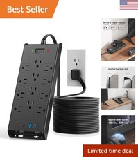 16-in-1 Surge Protector with 12 Outlets  10ft Flat Plug Extension Cord - Black
