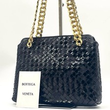 BOTTEGA VENETA Intrecciato Shoulder Bag Black Leather Chain Gold from Japan