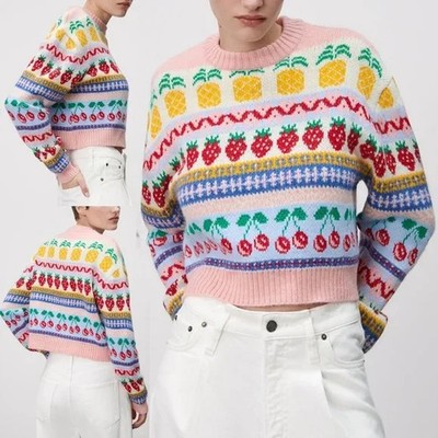 Zara Pineapple Strawberry Cherry Fruits Jacquard Sweater: SMALL: Mehrfarbig