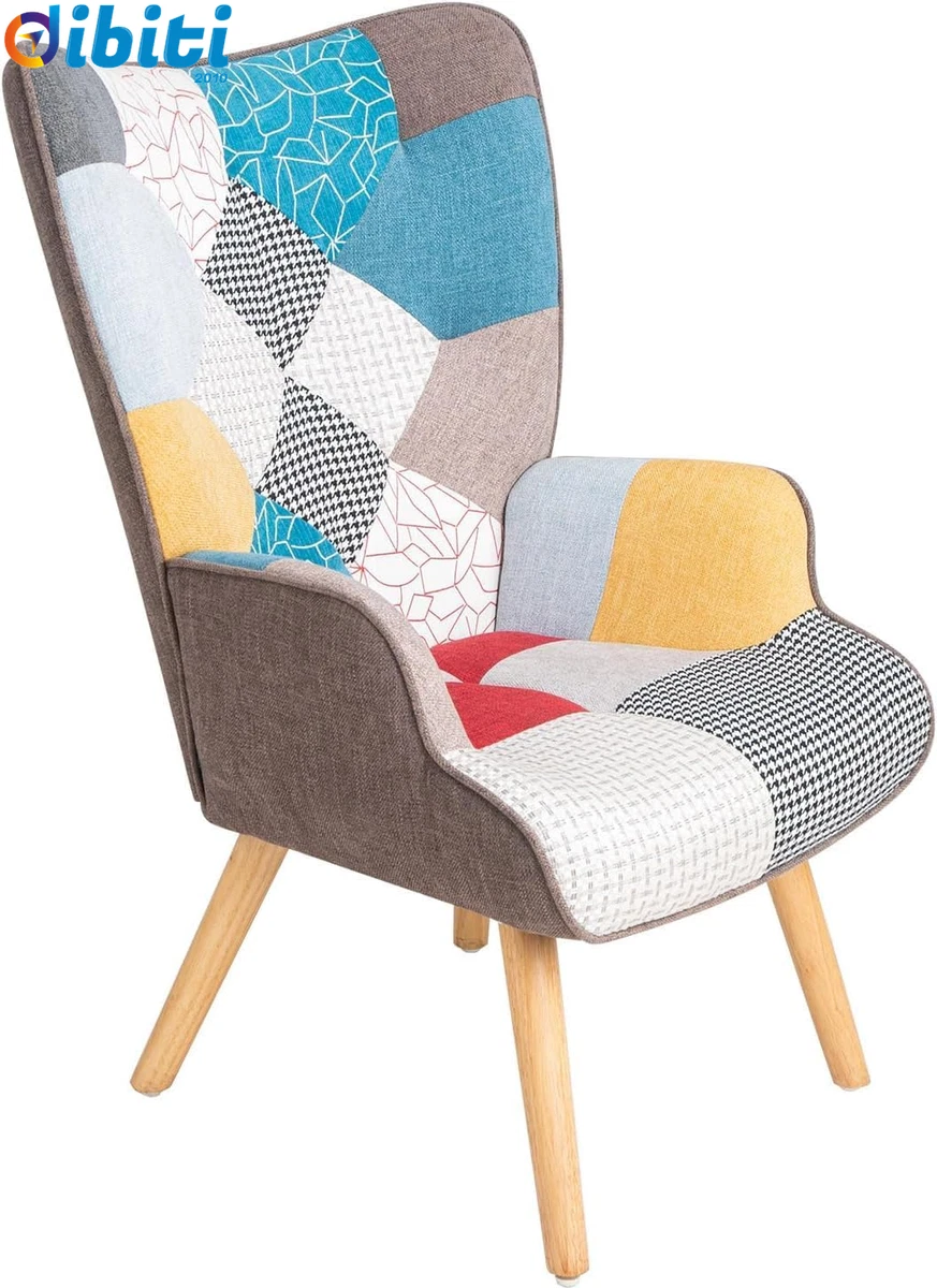 Poltrona Picasso Con Poggiapiedi - Legno Di Faggio, Seduta Imbottita In Tessuto Patchwork, Stile Scandinavo