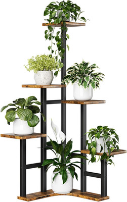 ITOPFOX Corner Plant Stand Indoor 6 Tier Plant Shelf Rustic Brown Wood Display Rack for Multiple Plants Living Room Balcony Patio Garden Metal