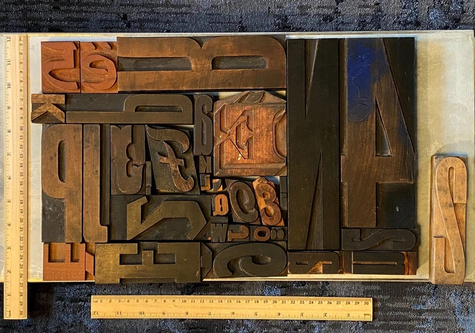 1x lot de caractères d'imprimerie en bois lettres de métier d'imprimeur ancien!! - Photo 4/4