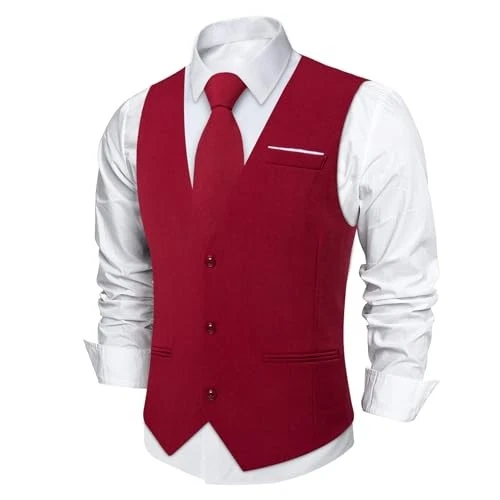  Mens Linen Suit Vest Casual Waistcoat and Necktie & Pre-tied Large Wine Red - Image 3 of 4