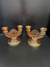 Vtg. Jeanette Glass Co. Amber Iris & Herringbone Double Taper Holder Set EUC!