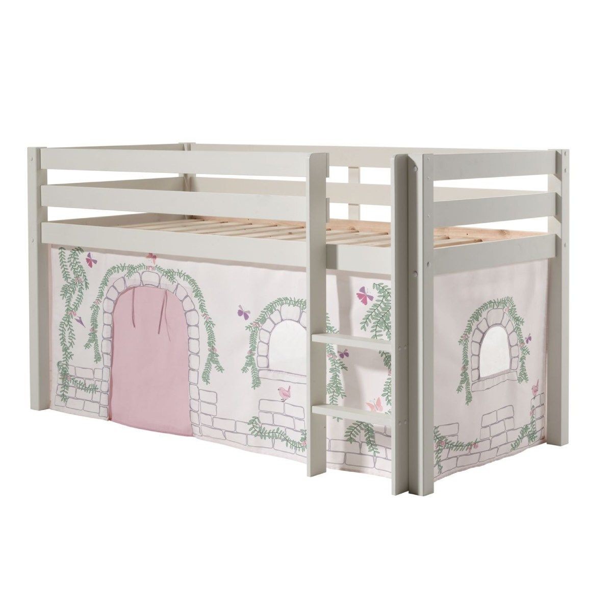 Lit enfant surélevé Pino Birdy blanc avec tente pour ranger les jouets