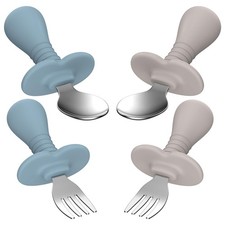Toddler Utensils 4 PCS Lite Blue Grey Silverware Set Silicone Handle Stainless
