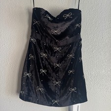 LoveShackFancy Rinwell Strapless Bow Velvet Rhinestone Mini Dress