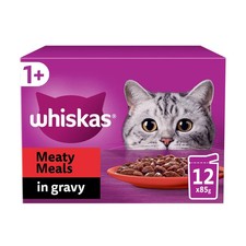 Image of 12 x 85g Whiskas Meaty Meals Wet 1+ Year Cat Food In Gravy Pouches
