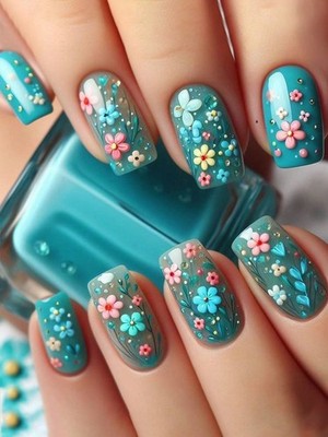 24pcs Short Square Blue Floral Press-On Artificial Nails