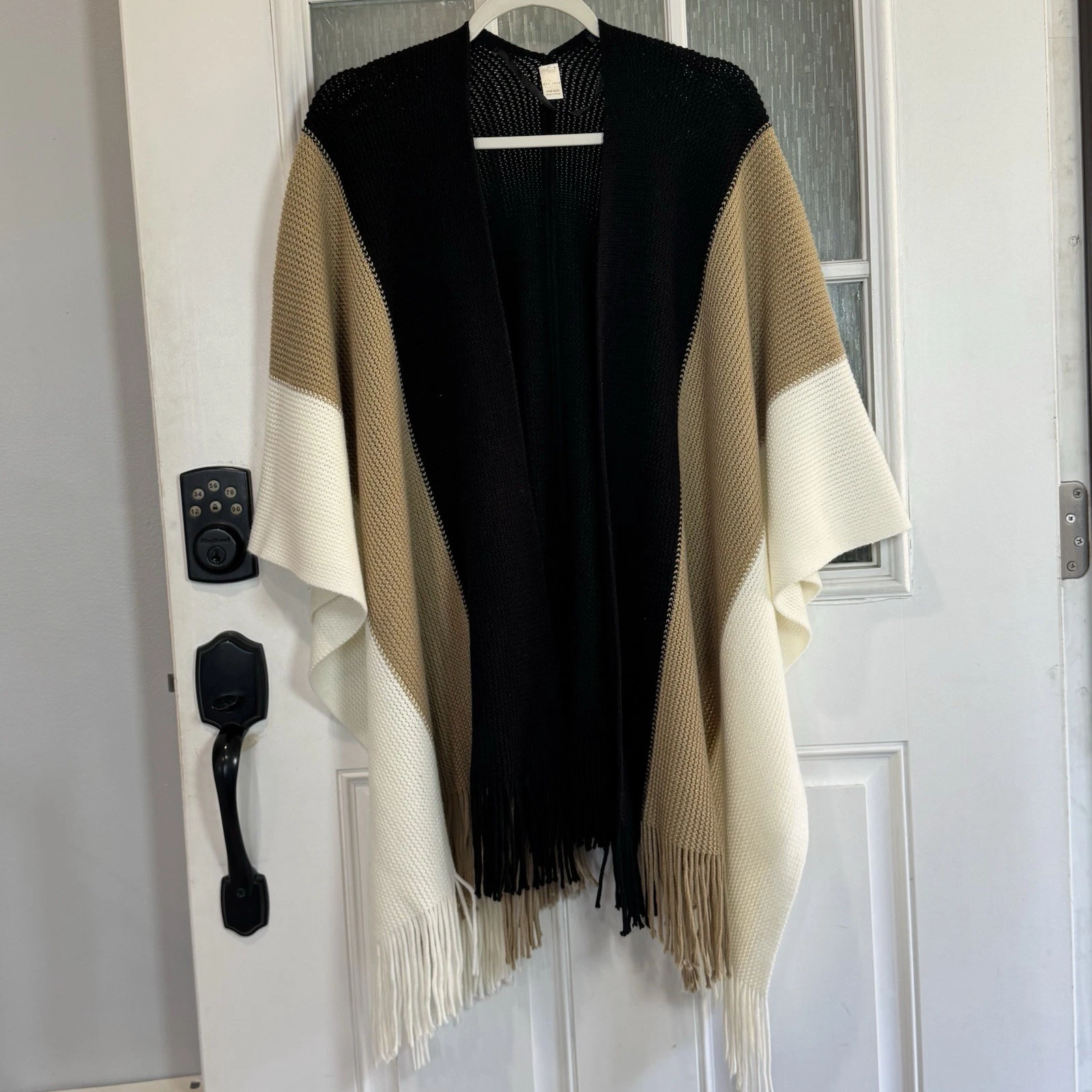C Est 1946 Women's Black and Cream Knit Poncho One Size Sweater