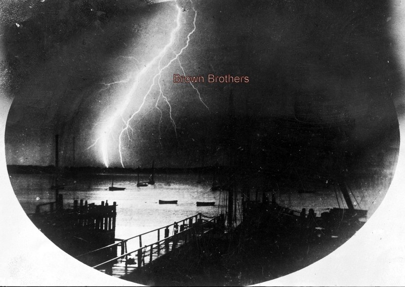 1900-1910s Lightning Strikes Over Harbor Silhouetted Boats Glass Photo Negative