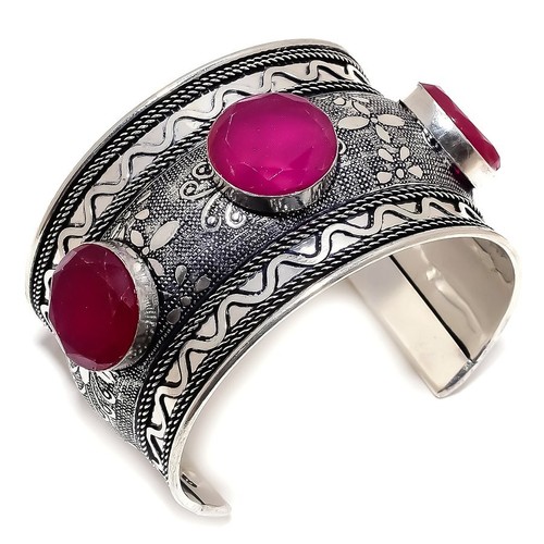 Red Simulated Gemstone Handmade 925 Sterling Silver Cuff Bracelet Adjustable