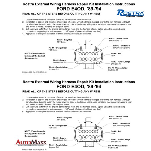 Ford 1989-94 E4OD Wiring Harness Repair Pigtail for Solenoid Assembly Rostra - Picture 5 of 5