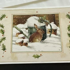 Vtg Christmas Card UNUSED Marjolein Bastin Bunny Snow 5x7 Watering Can W/env