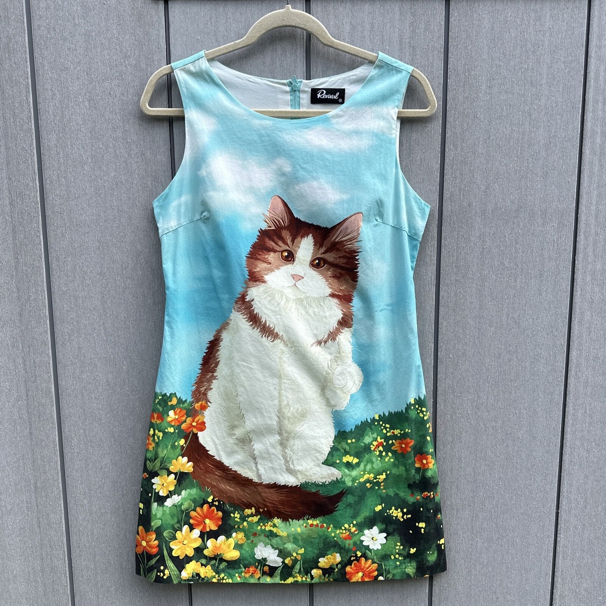 Revival Women Dress Size 10 Cat Print Cotton Sleeves Pencil