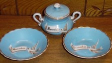 Old Souvenir Porcelain Sugar & Two Small Bowls - Bird & Banner - Marienbad As Is