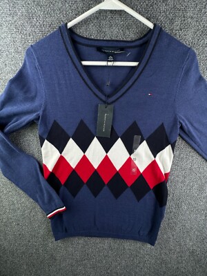 TOMMY HILFIGER Men V Neck Sweater Red White Blue Size XS NWT $70 Diamond  Print