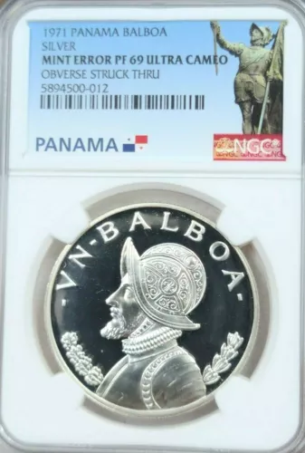 1971 PANAMA SILVER 1 BALBOA NGC PF 69 ULTRA CAMEO MINT ERROR STRUCK THRU TOP POP