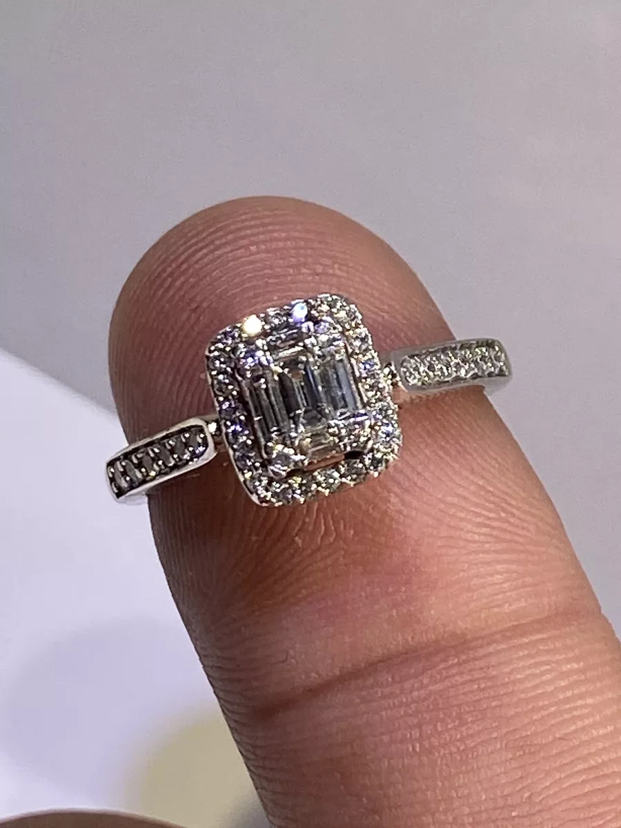 14K White Gold Emerald Cut Illusion Baguette Round Diamond Halo