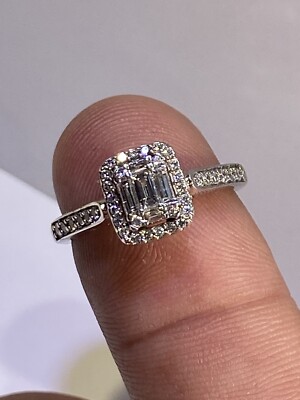 14K White Gold Emerald Cut Illusion Baguette -Round Diamond Halo Engagement Ring