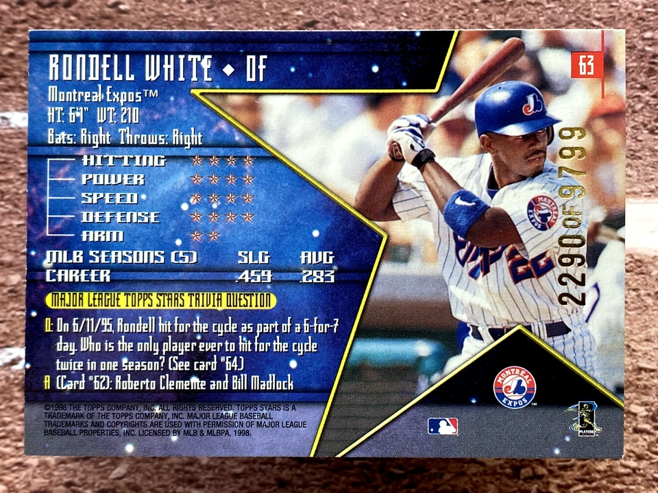 1998 Topps Stars Bronze /9799 Rondell White #63 Montreal Expos - Image 2 of 2